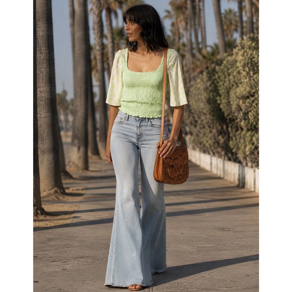 Free People Marigold Smocked Crop Top XL Green Boho Cottagecore